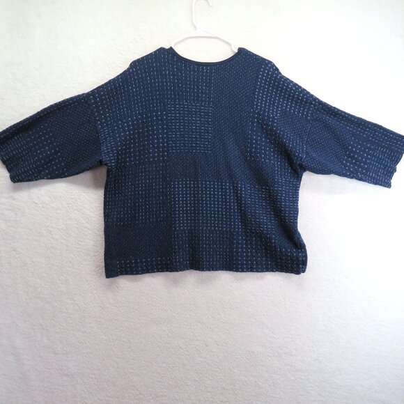 Pure Jill Sweater Sz Medium Navy Blue Textured Light Knit Top Cropped 3/4 Sleeve - Picture 3 of 9